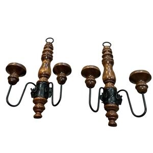 Vtg Homco Retro Wall Scones Double Candle Holder Wood & Metal 17.5" Set Of 2